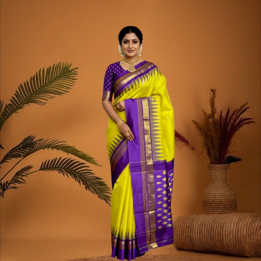 Pochampally Ikkat Silk Sari with Yellow Border handwoven silk texture