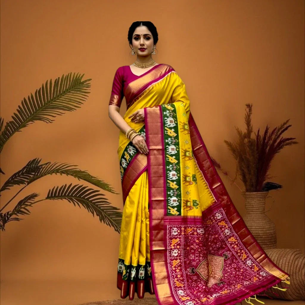 POCHAMPALLY IKKAT SILK BODY MANGO YELLOW BORDER PINK AND PALLU AND BLOUSE IKKAT DESIGN PINK SARI - pochampallysarees.com