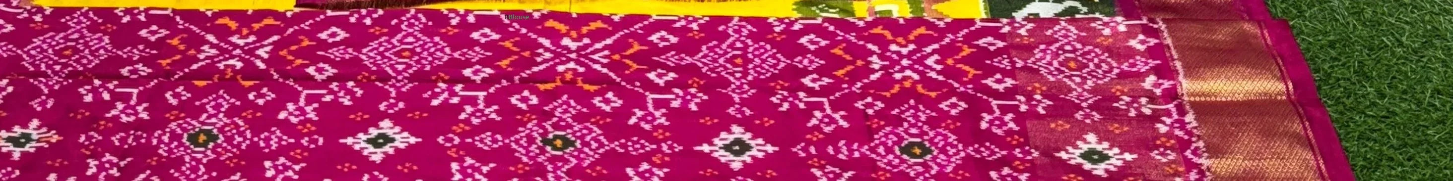 POCHAMPALLY IKKAT SILK BODY MANGO YELLOW BORDER PINK AND PALLU AND BLOUSE IKKAT DESIGN PINK SARI - pochampallysarees.com