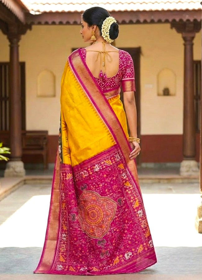 POCHAMPALLY IKKAT SILK BODY MANGO YELLOW BORDER PINK AND PALLU AND BLOUSE IKKAT DESIGN PINK SARI