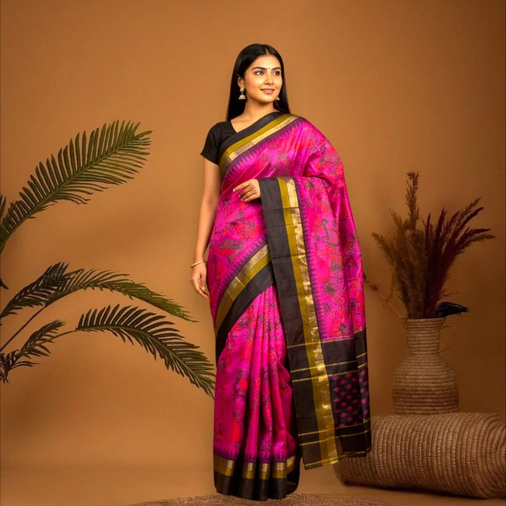 Pochampally Ikat Silk kalamkari Designer Pink Black Sari - pochampallysarees.com
