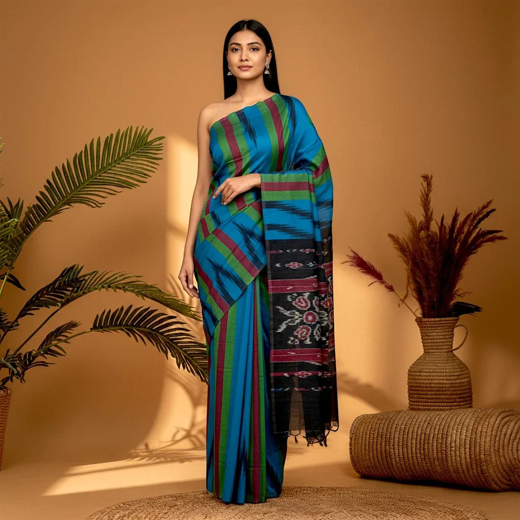 Pochampally-ikkat-Cotton-Blue-Black-Red-Sari-pochampallysarees.com