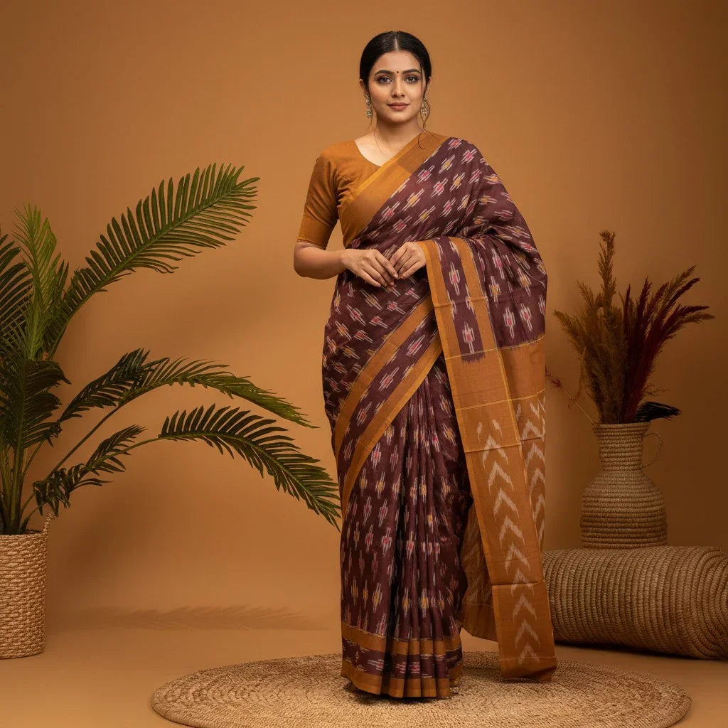 POCHAMPALLY IKKAT COTTON CHOCOLATE BODY BORDER BROWN SARI - pochampallysarees.com
