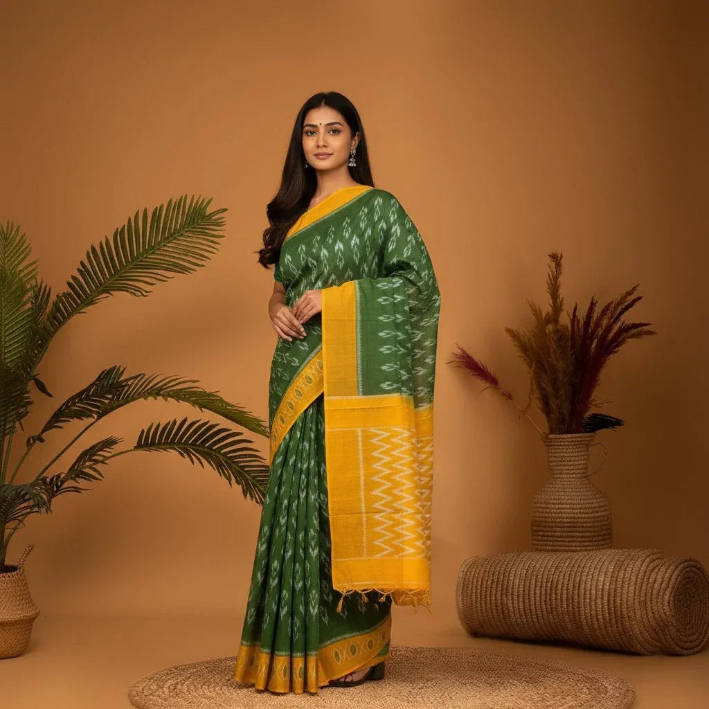 Pochampally-ikkat-Cotton-green-Yellow-sARI-POCHAMPALLYSAREES.COM