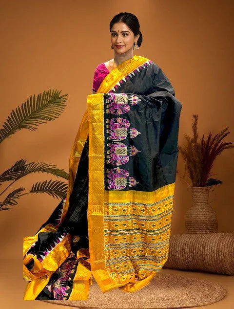 POCHAMPALLY IKKAT SILK PATOLA MIDDLE BLACK BORDER AND PALLU YELLOW ZARI BORDER PLAIN DESIGN SAREE - pochampallysarees.com