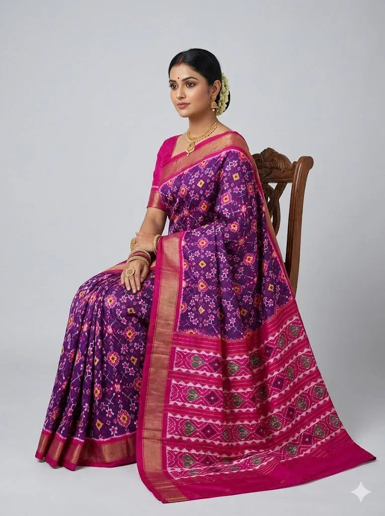 POCHAMPALLY IKKAT SILK PATOLA DEEP PURPLE & PINK SAREE | Handloom Double Ikat Pattu Saree with Zari Border | Traditional Wedding & Festive Wear - pochampallysarees.com