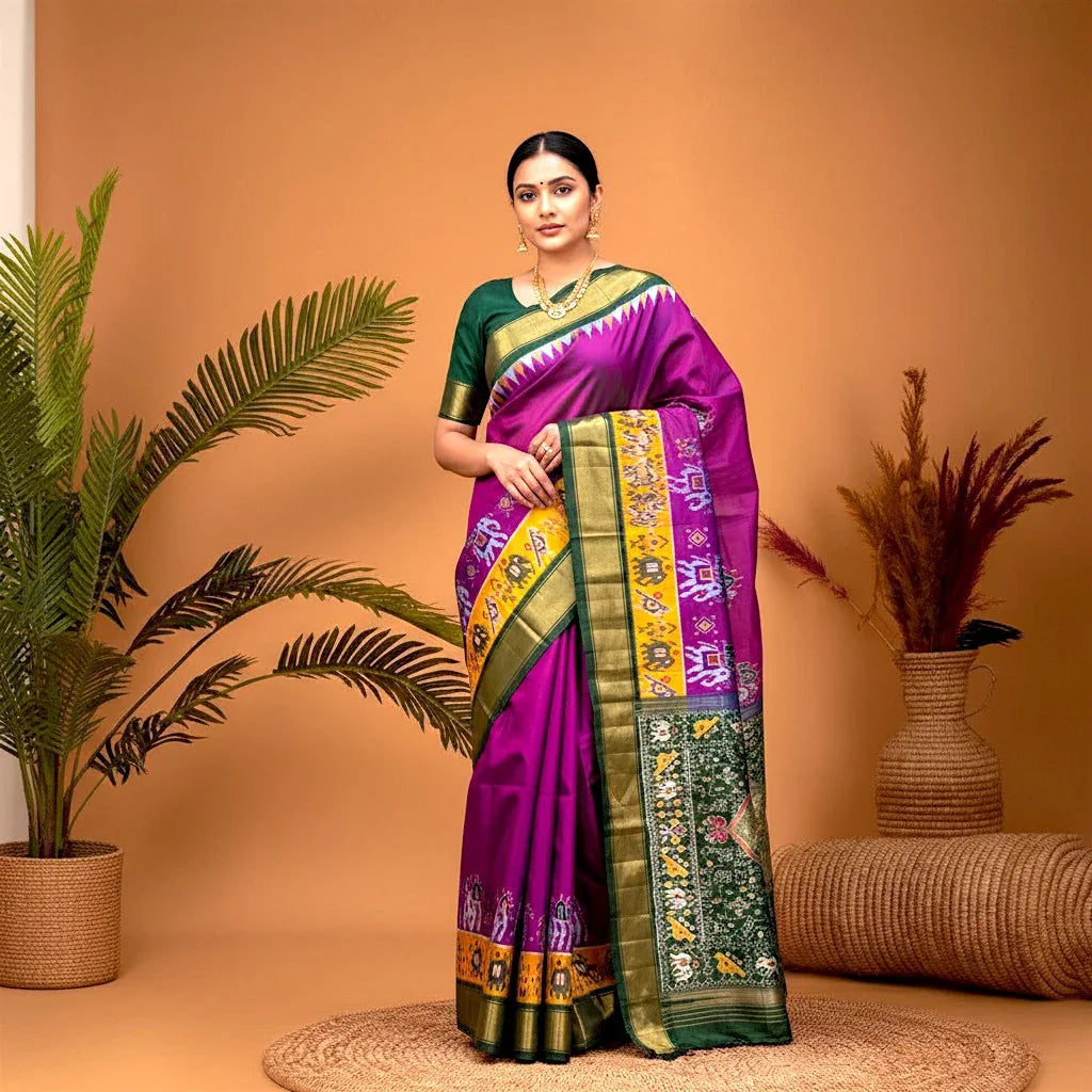 POCHAMPALLY IKKAT SILK PATOLA MIDDLE PURPLE BORDER AND PALLU GREEN ZARI BORDER RICH PALLU SAREE - pochampallysarees.com