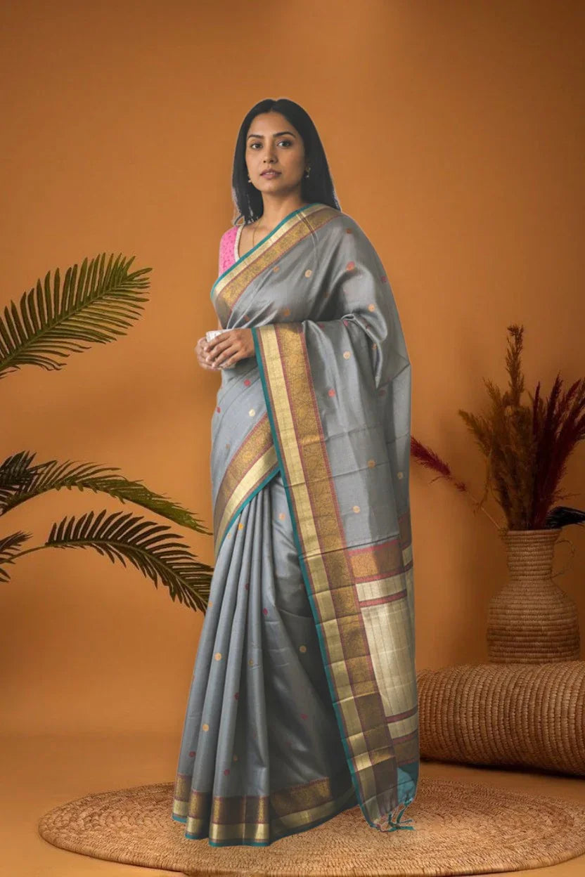 Pure-Soft-Silk-Gray-Blue-Sari-Pochampallysarees.com