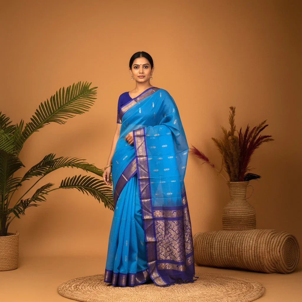 Pure Gadwal Cotton Sari Blue Navyblue -C09 - pochampallysarees.com
