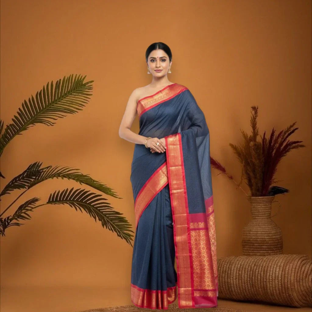 Pure Gadwal Cotton Sari Navy Blue Red Online In Hyderabad -Z11 - pochampallysarees.com