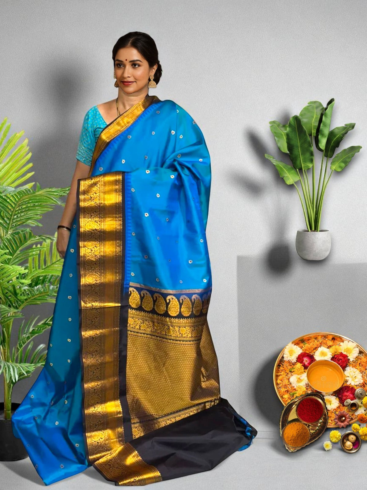 Pure Gadwal Silk Ananda Blue Sari-Pochampallysarees.com