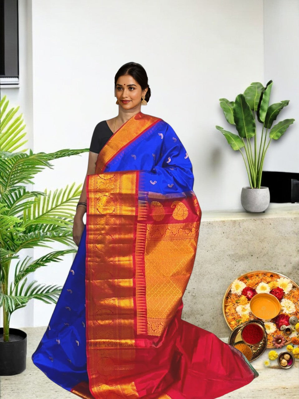 Pure-Gadwal-Silk-Blue-Red-Sari-pochampallysarees.com