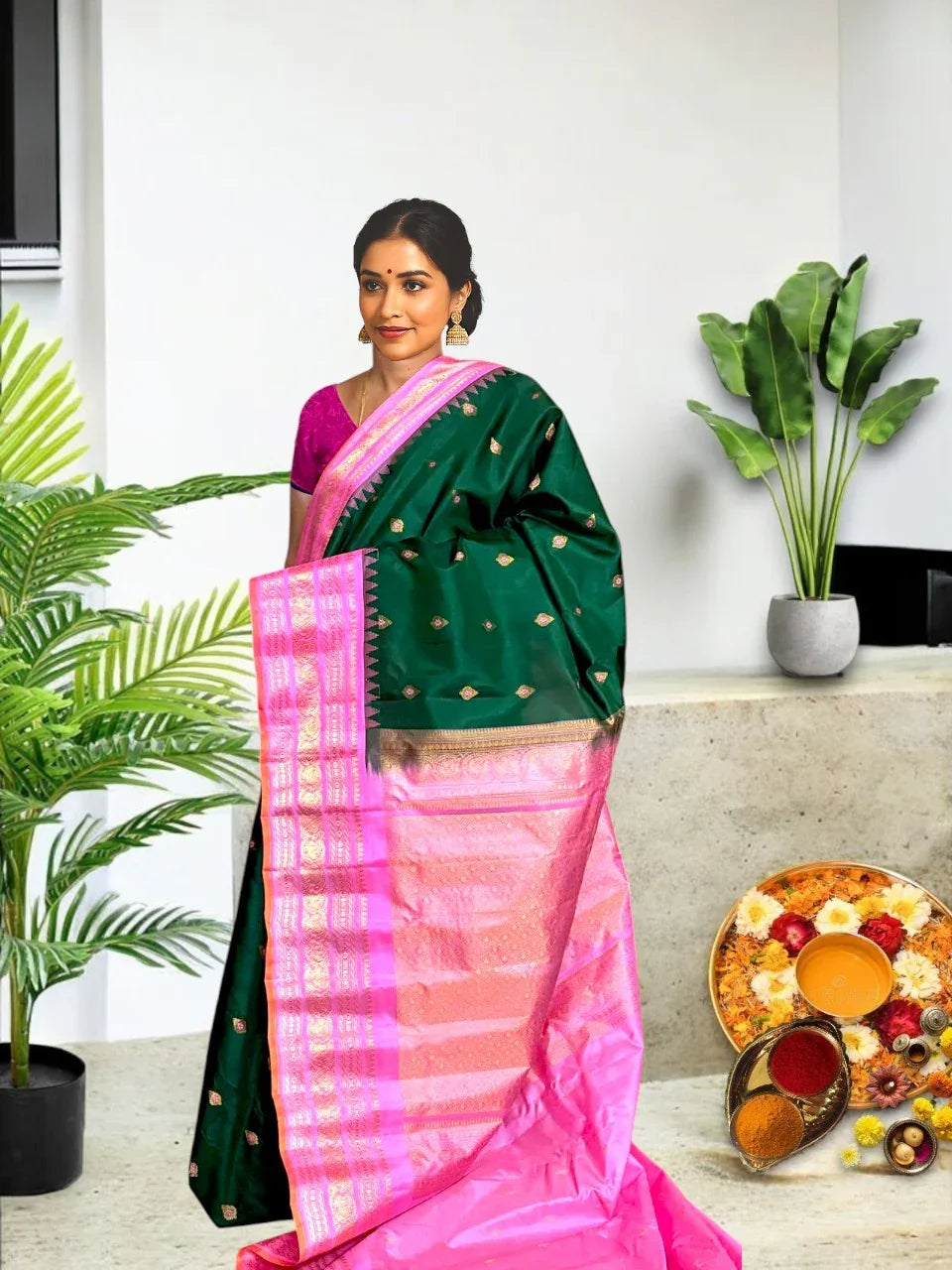 Pure-Gadwal-Silk-Bottle-Green-Pink-Sari-POCHAMPALLYSAREES.COM