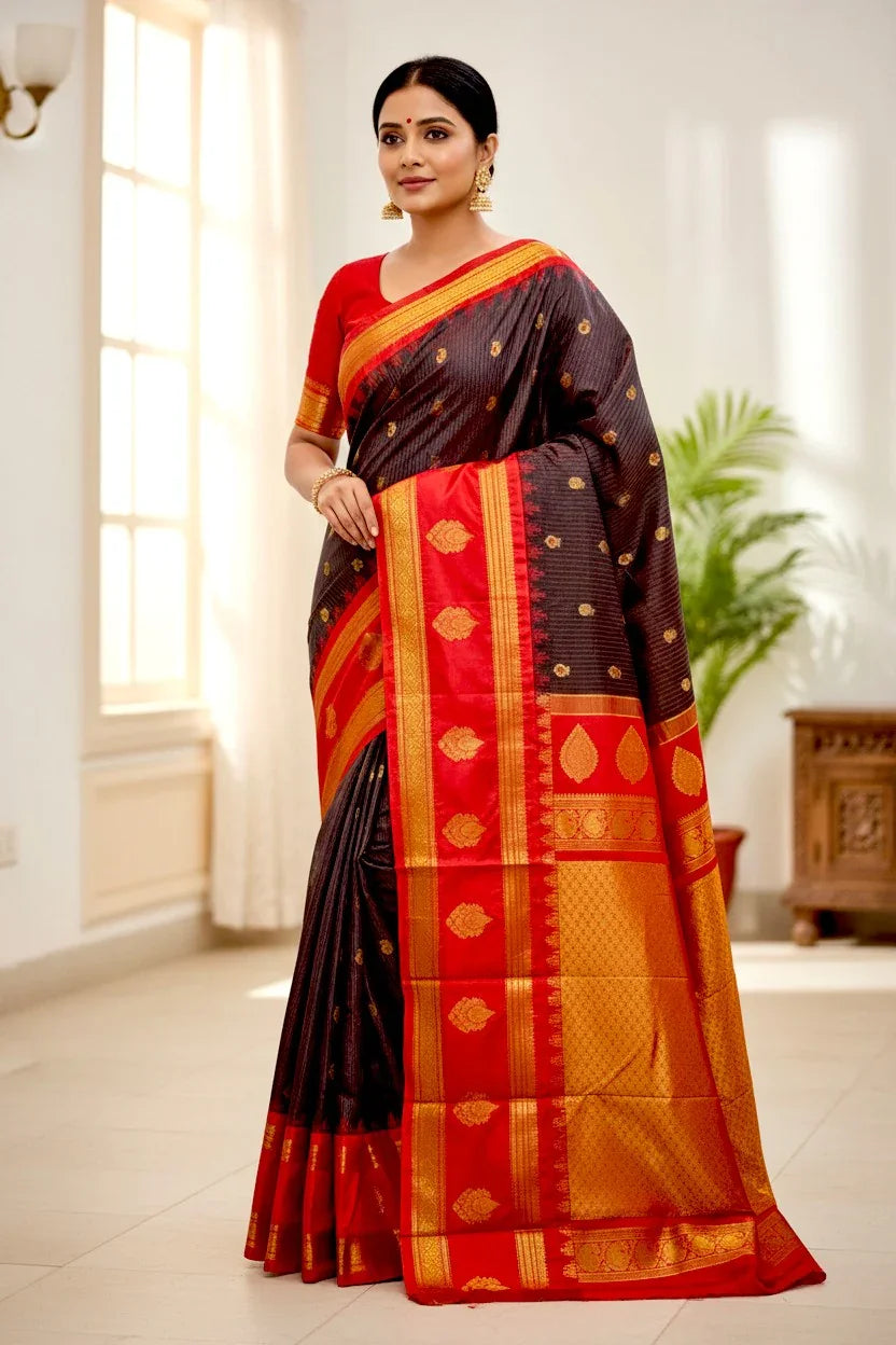 GADWAL SILK CHOCOLATE RED SARI - pochampallysarees.com
