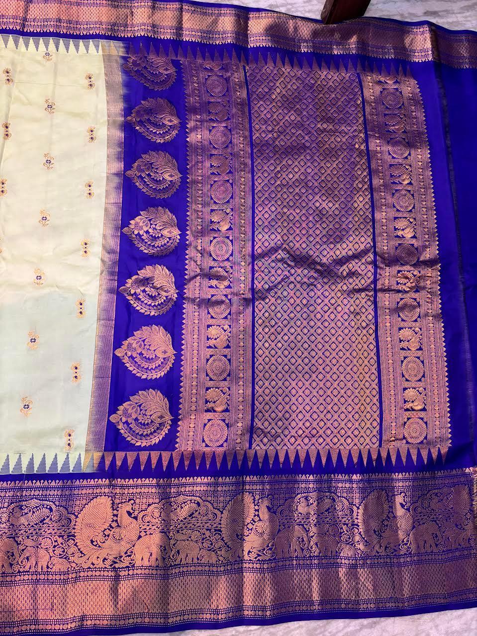 Pure Gadwal Silk Saree in Cream & Royal Blue with Grand Zari Border | Traditional South Indian Handloom Pattu Saree for Weddings & Festivals - pochampallysarees.com