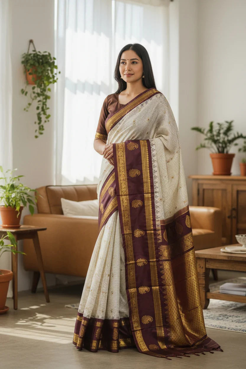 GADWAL SILK CREAM CHOCOLATE SARI - pochampallysarees.com