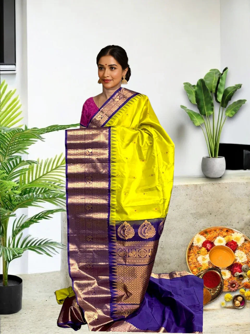 PURE GADWAL SILK BODY BUTTI LIGHT GREEN PALLU BORDER AND BLOUSE LAVENDER SAREE - pochampallysarees.com