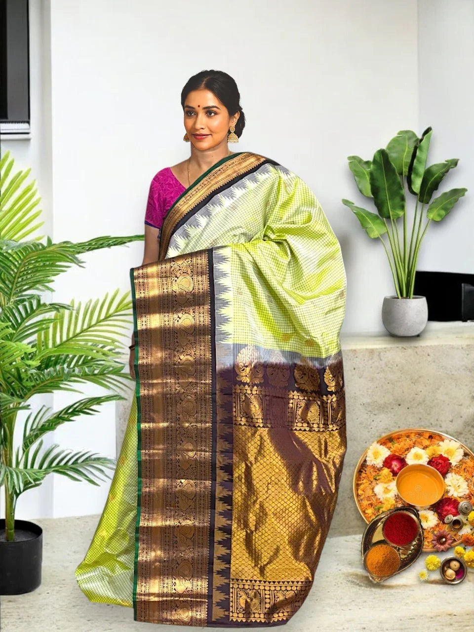 PURE GADWAL SILK BODY BUTTI CHECKS PISTAGREEN PALLU BORDER AND BLOUSE CHOCOLATE SAREE - pochampallysarees.com