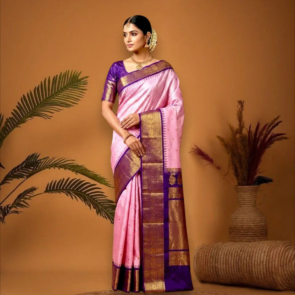 PURE GADWAL SILK BODY BUTTI LIGHT PINK PALLU LAVENDER BIG BORDER AND BLOUSE LAVENDER SAREE - pochampallysarees.com