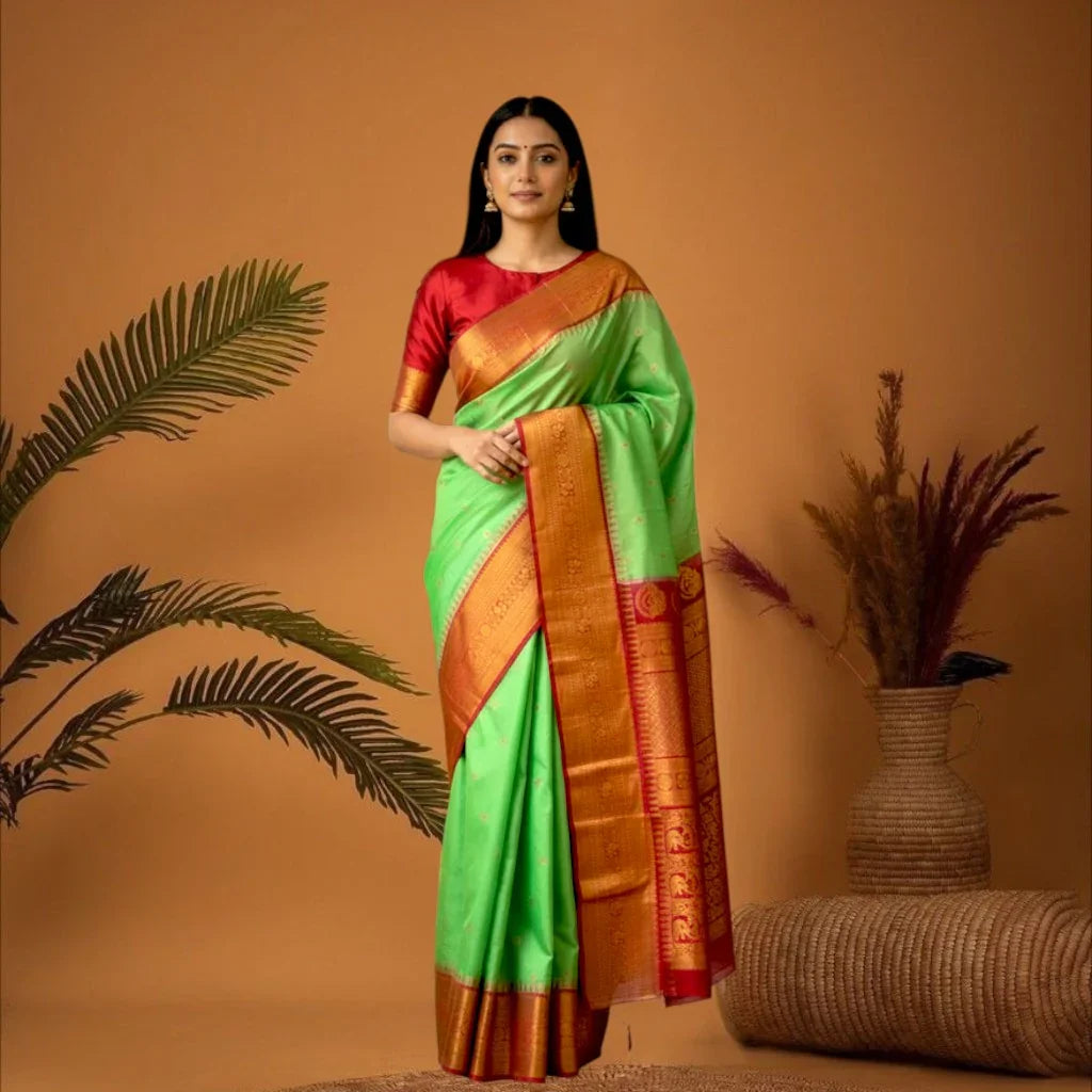 PURE GADWAL SILK BODY BUTTI PARROT GREEN PALLU RED BIG BORDER AND BLOUSE RED SAREE - pochampallysarees.com