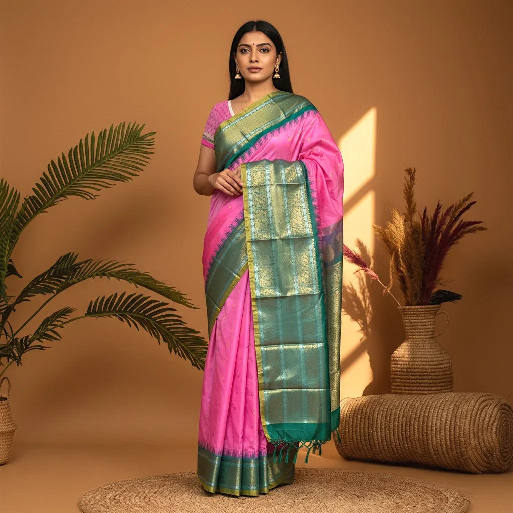 Pure Gadwal Silk Saree Pink Rama green - pochampallysarees.com