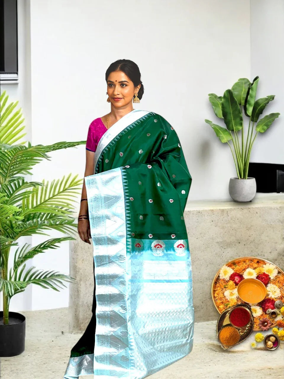 Pure-Gadwal-Silk-bottle-green-lightblue-sari-POCHAMPALLYSAREES.COM