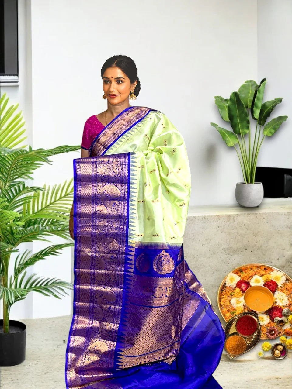 PURE GADWAL SILK BODY BUTTI LIGHT GREEN PALLU BORDER AND BLOUSE BLUE SAREE - pochampallysarees.com