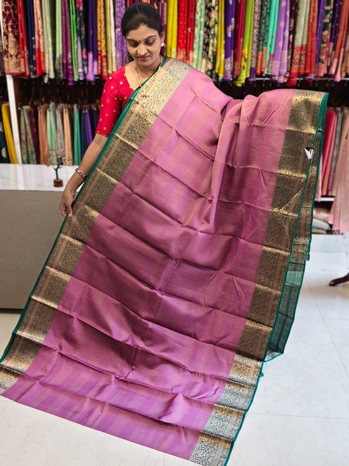 Pure kanchipuram tissue silk saree Pink with Naviblue Checks floral design motif and long rich floral design border - pochampallysarees.com