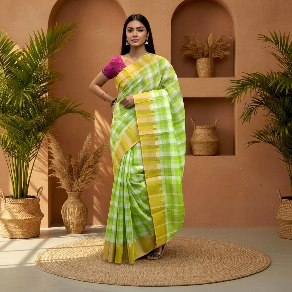 MANGALAGIRI COTTONS BODY GREEN WHITE CHECKS BORDER GREN PALLU AND BLOUSE CHECKS - pochampallysarees.com