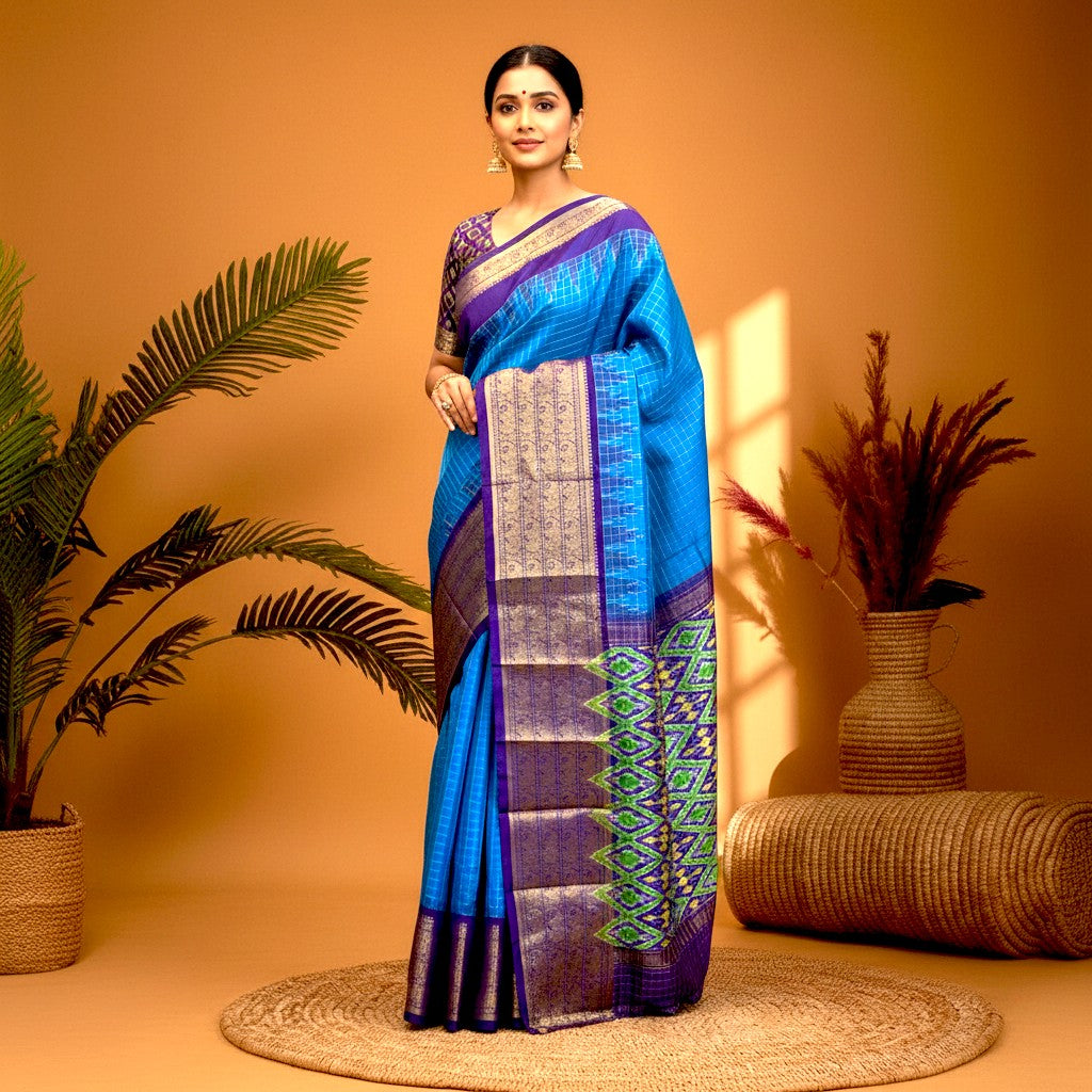 POCHAMPALLY IKKAT SILK MIDDLE BLUE ZARI CHECKS KANCHI BORDER LAVENDER PALLU AND BLOUSE SAME AS IKKAT DESIGN - pochampallysarees.com