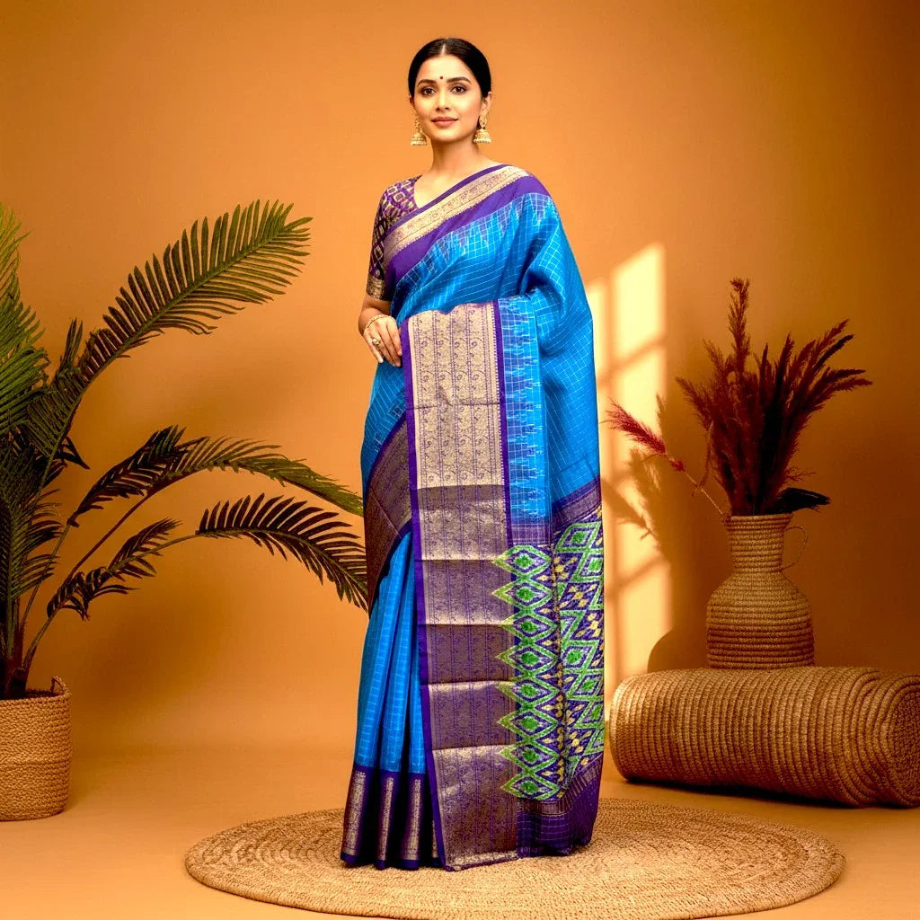 POCHAMPALLY IKKAT SILK MIDDLE BLUE ZARI CHECKS KANCHI BORDER LAVENDER PALLU AND BLOUSE SAME AS IKKAT DESIGN - pochampallysarees.com