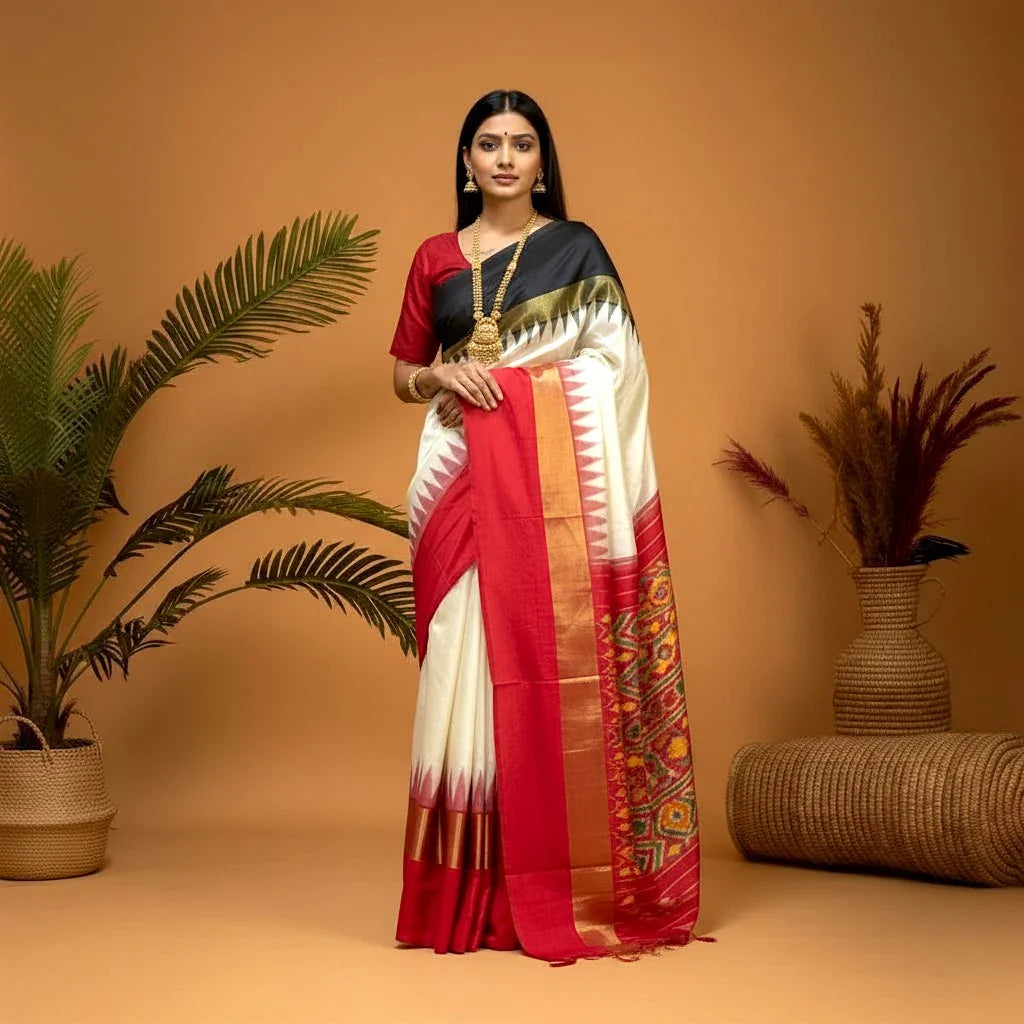 Pure Pochampally Ikkat Silk Cream Red Black Sari - pochampallysarees.com