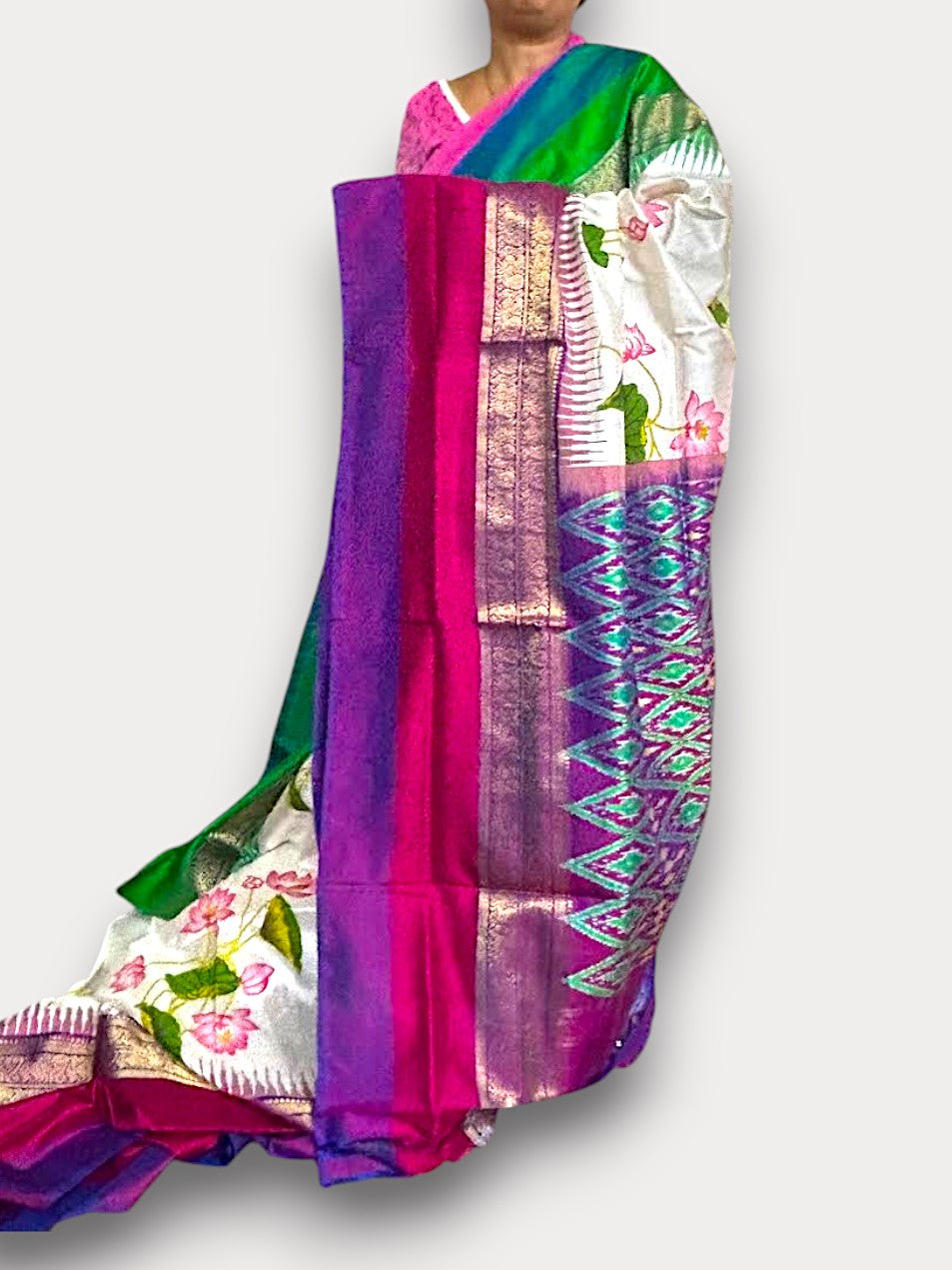 Pure Pochampally Ikkat Silk Kanchi Border Sari Online Cream With Purple Kalamkari Design