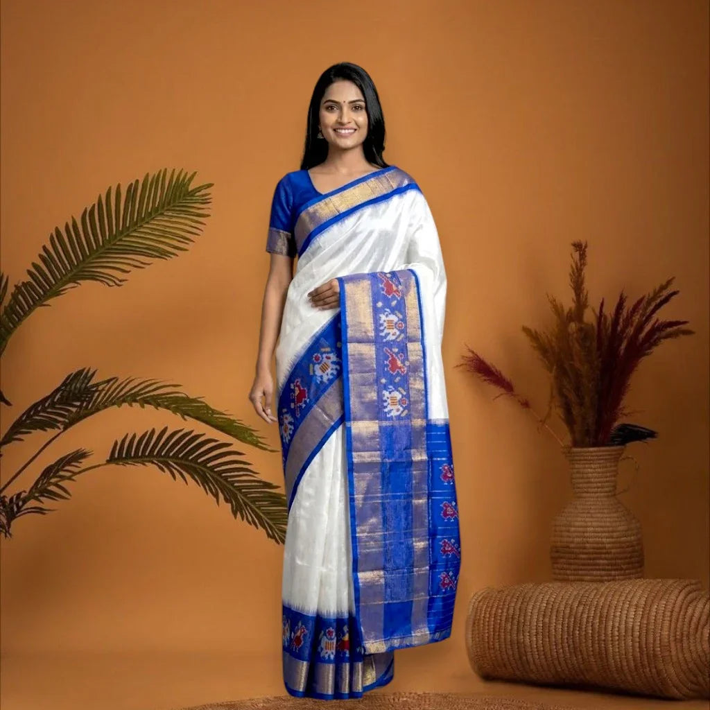 Pure Pochampally Ikkat Silk White Blue Sari - pochampallysarees.com