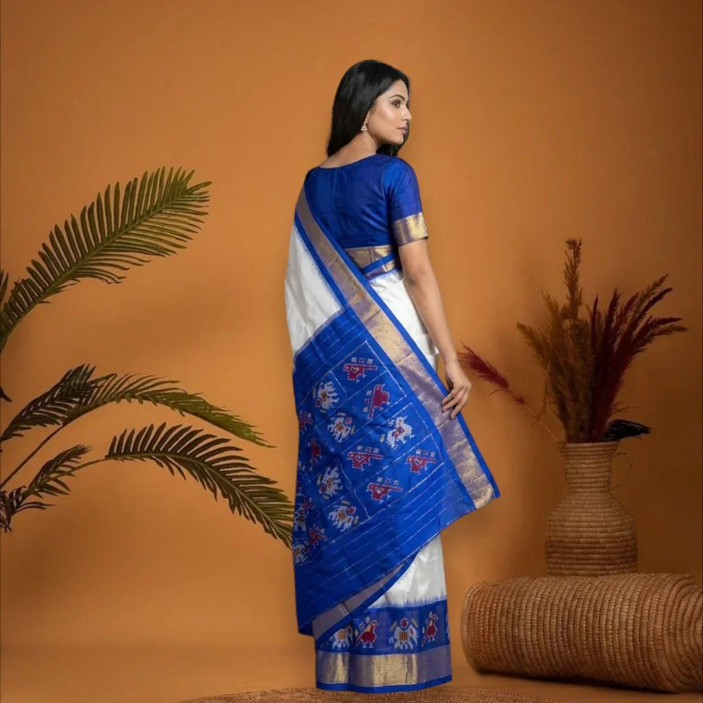 Pure Pochampally Ikkat Silk White Blue Sari - pochampallysarees.com
