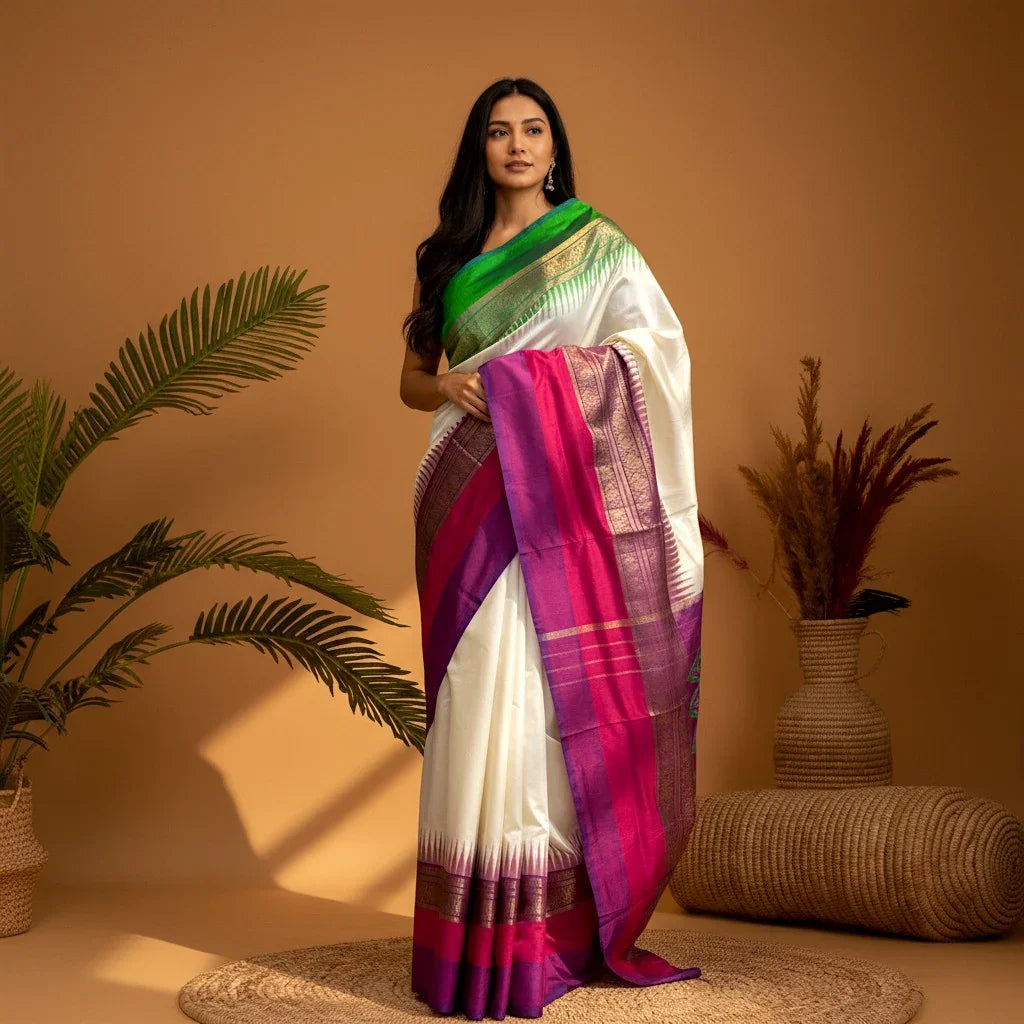 POCHAMPALLY IKKAT SILK MIDDLE CREAM ONE GANGA JAMUNA KANCHI BORDER PINK AND ONE BORDER GREEN PALLU AND BLOUSE SAME AS IKKAT DESIGN - pochampallysarees.com