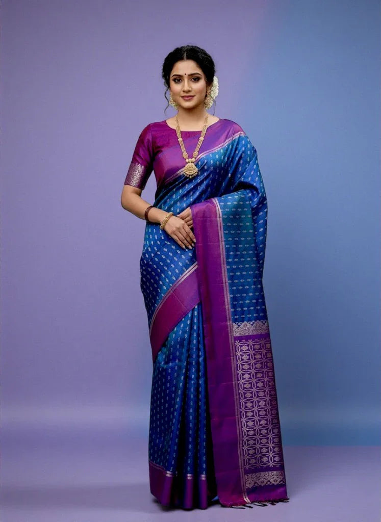 PURE SOFT SILK SAREE BLUE AND PURPLE WITH ALLOVER BUTTI DESIGN WEAVES IN BORDER AND PALLU TISSUE STYLE - pochampallysarees.com