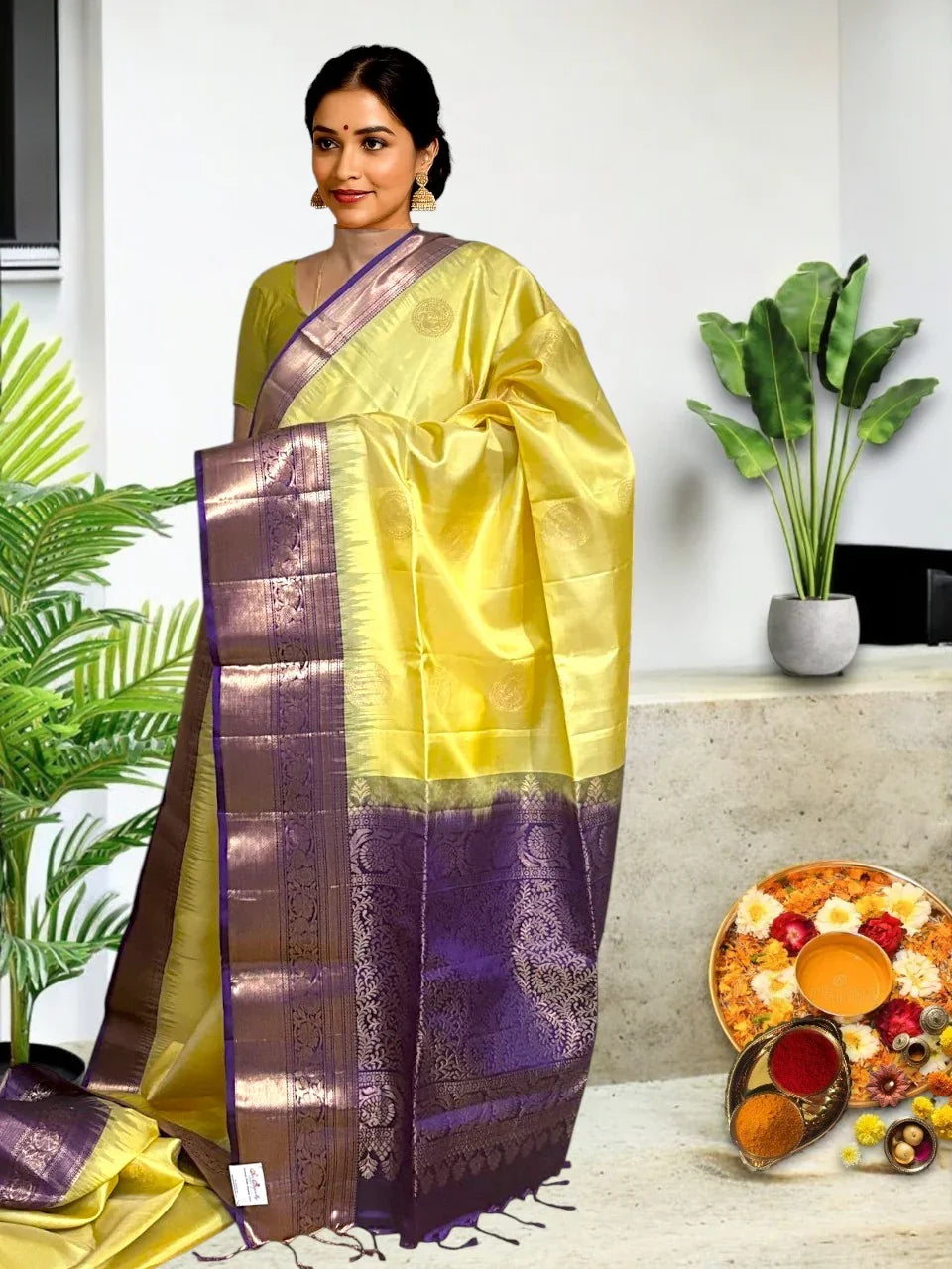 Cream Lavender Color Designer Kanchi Pure Soft Silk Saree
