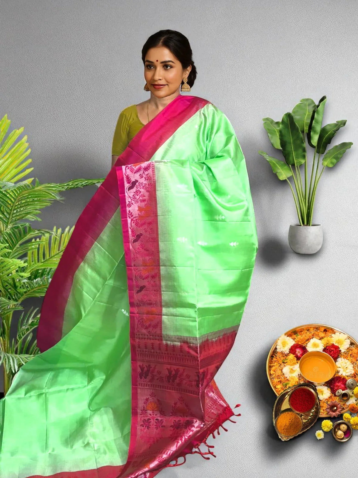 PURE SOFT SILK SAREE BODY GREEN BORDER RED SARI