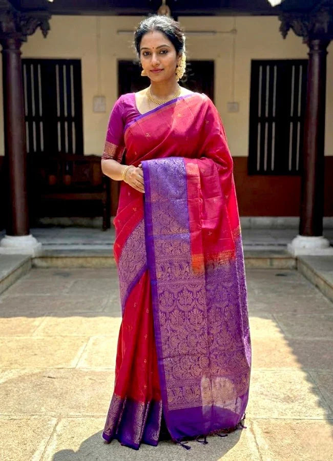 Luxury Soft Silk Saree in Orange & Violet | Gold Zari Butta Design - pochampallysarees.com