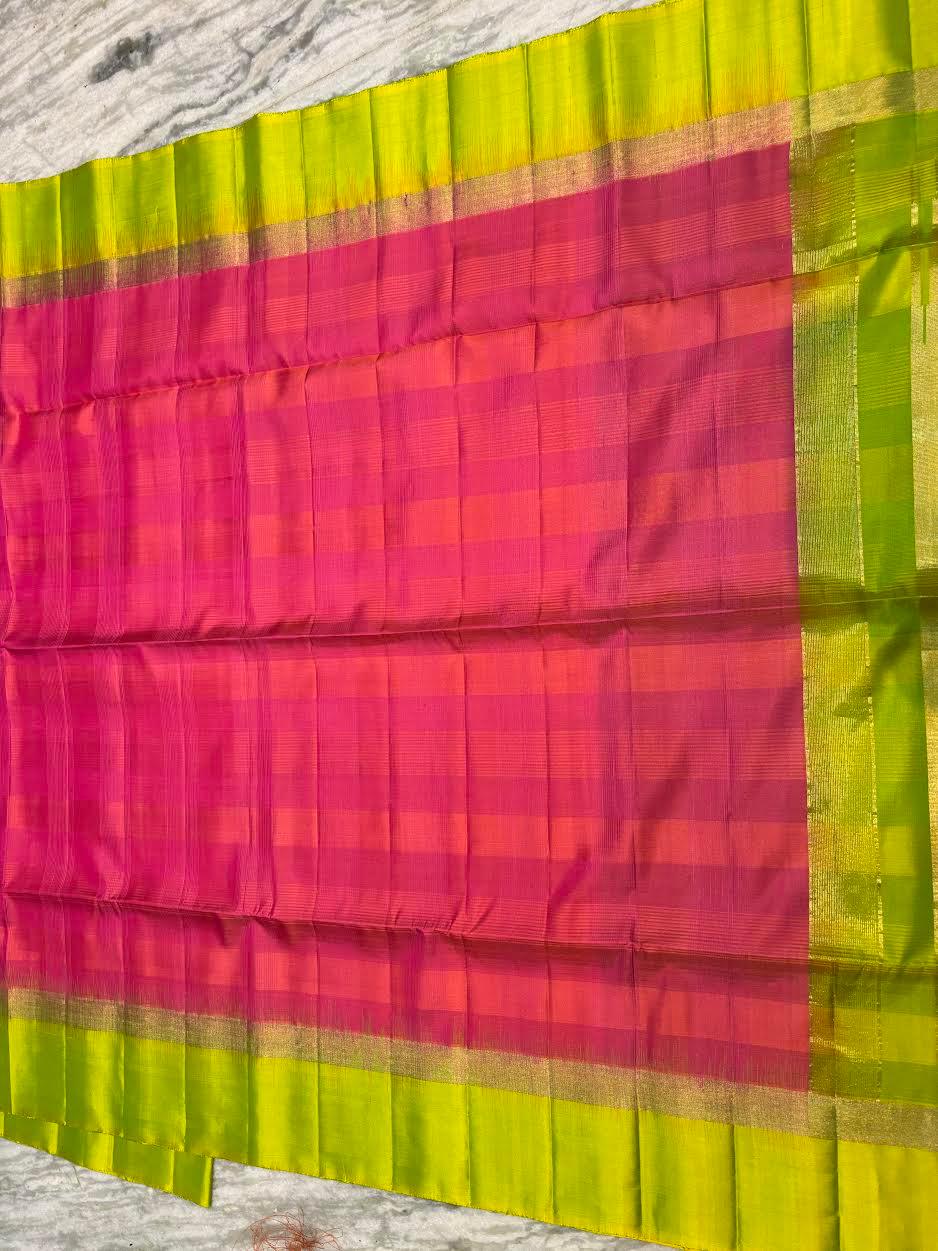 Pure Soft Silk Saree in Rani Pink & Lime Green | Gold Zari Checkered Body with Rich Contrast Pallu & Tassels | Festive & Wedding Wear - pochampallysarees.com