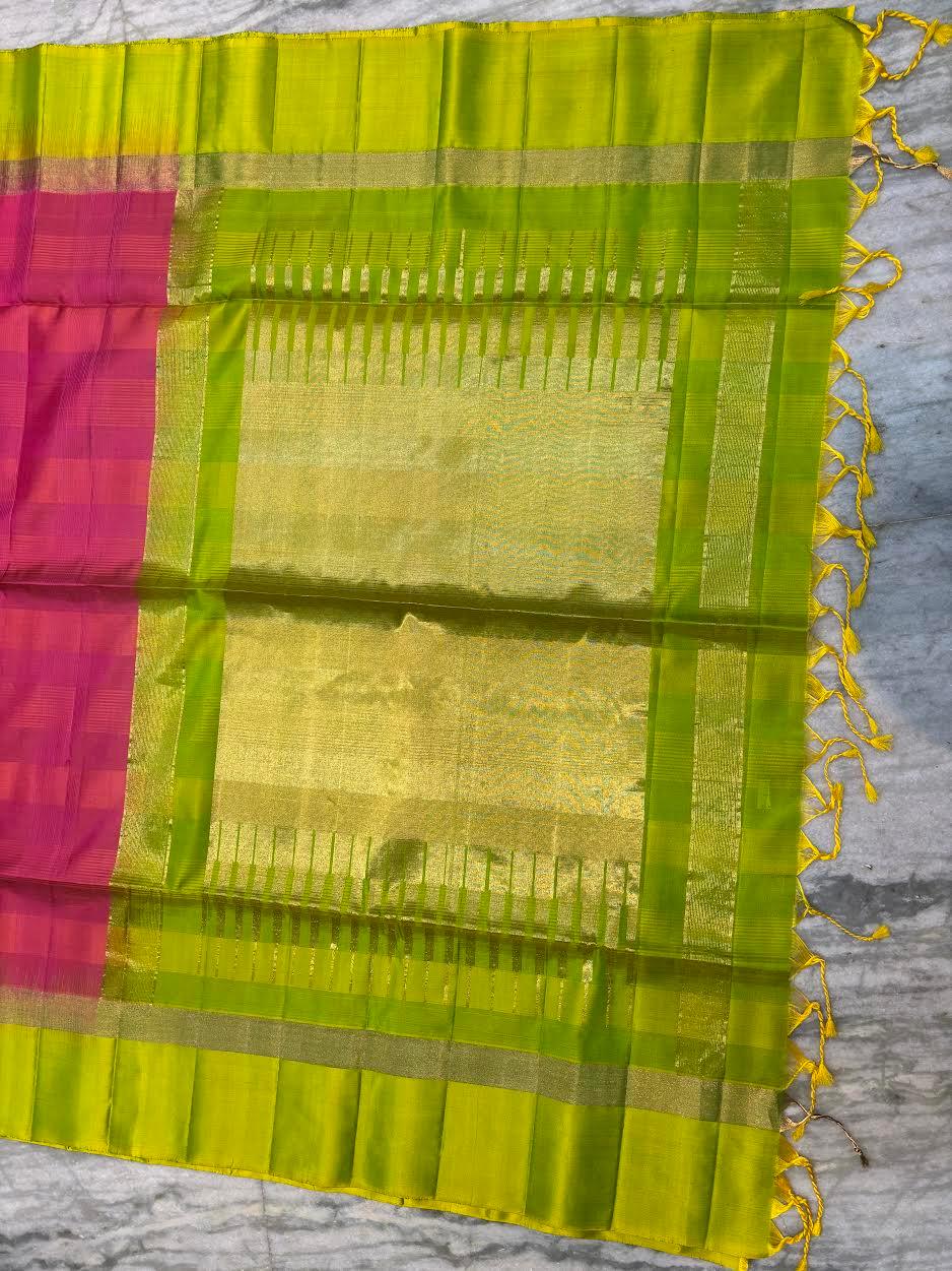 Pure Soft Silk Saree in Rani Pink & Lime Green | Gold Zari Checkered Body with Rich Contrast Pallu & Tassels | Festive & Wedding Wear - pochampallysarees.com