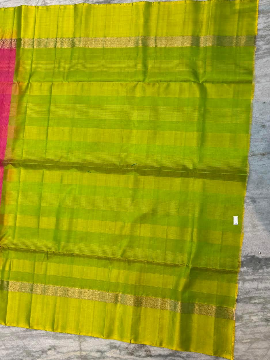 Pure Soft Silk Saree in Rani Pink & Lime Green | Gold Zari Checkered Body with Rich Contrast Pallu & Tassels | Festive & Wedding Wear - pochampallysarees.com