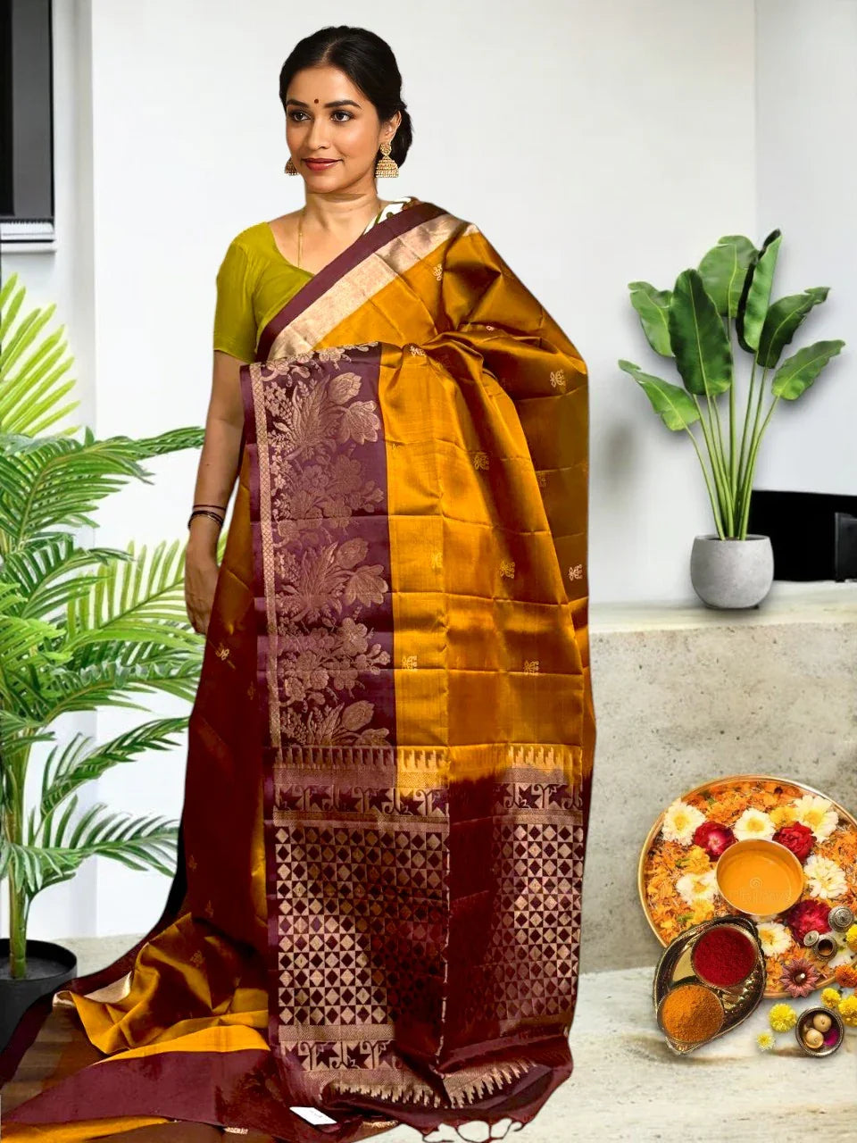 PURE SOFT SILK GOLD CHOCOLATE SARI