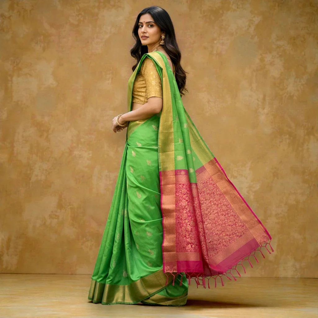 PURE SOFT SILK SAREE PARROT GREEN AND PINK WITH ALLOVER BUTTI DESIGN WEAVES IN BORDER AND PALLU TISSUE STYLE - pochampallysarees.com
