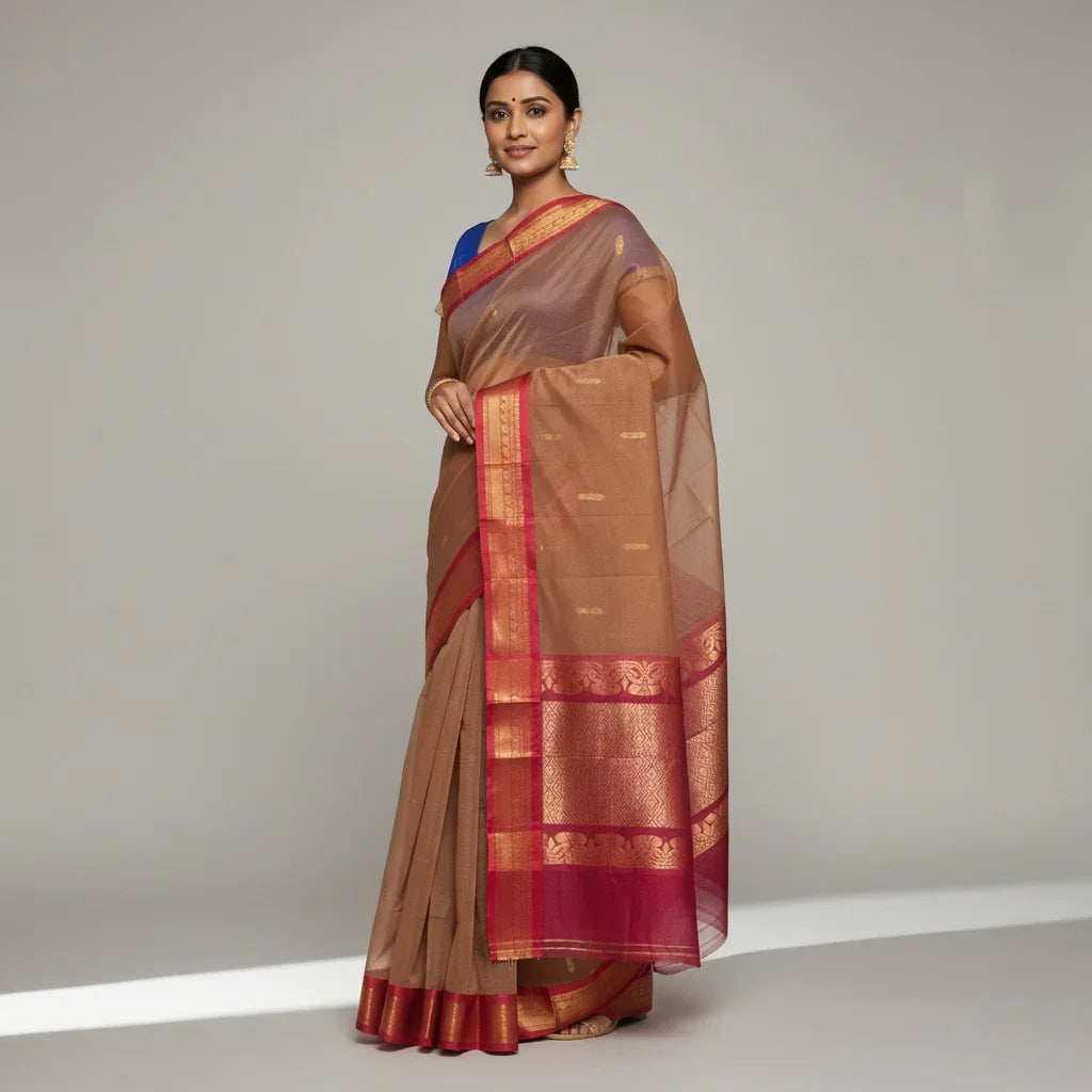 Pure Gadwal Cotton Sari Brown Red -C13 - pochampallysarees.com