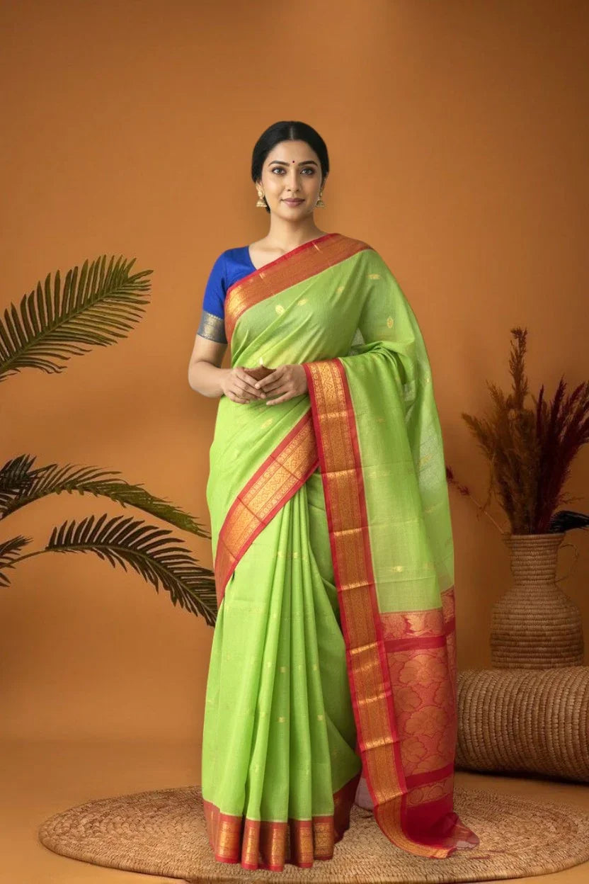 Pure Gadwal Cotton Sari Green Red -C01 - pochampallysarees.com