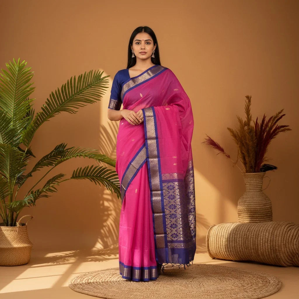 Pure Gadwal Cotton Sari Pink Blue -B02 - pochampallysarees.com