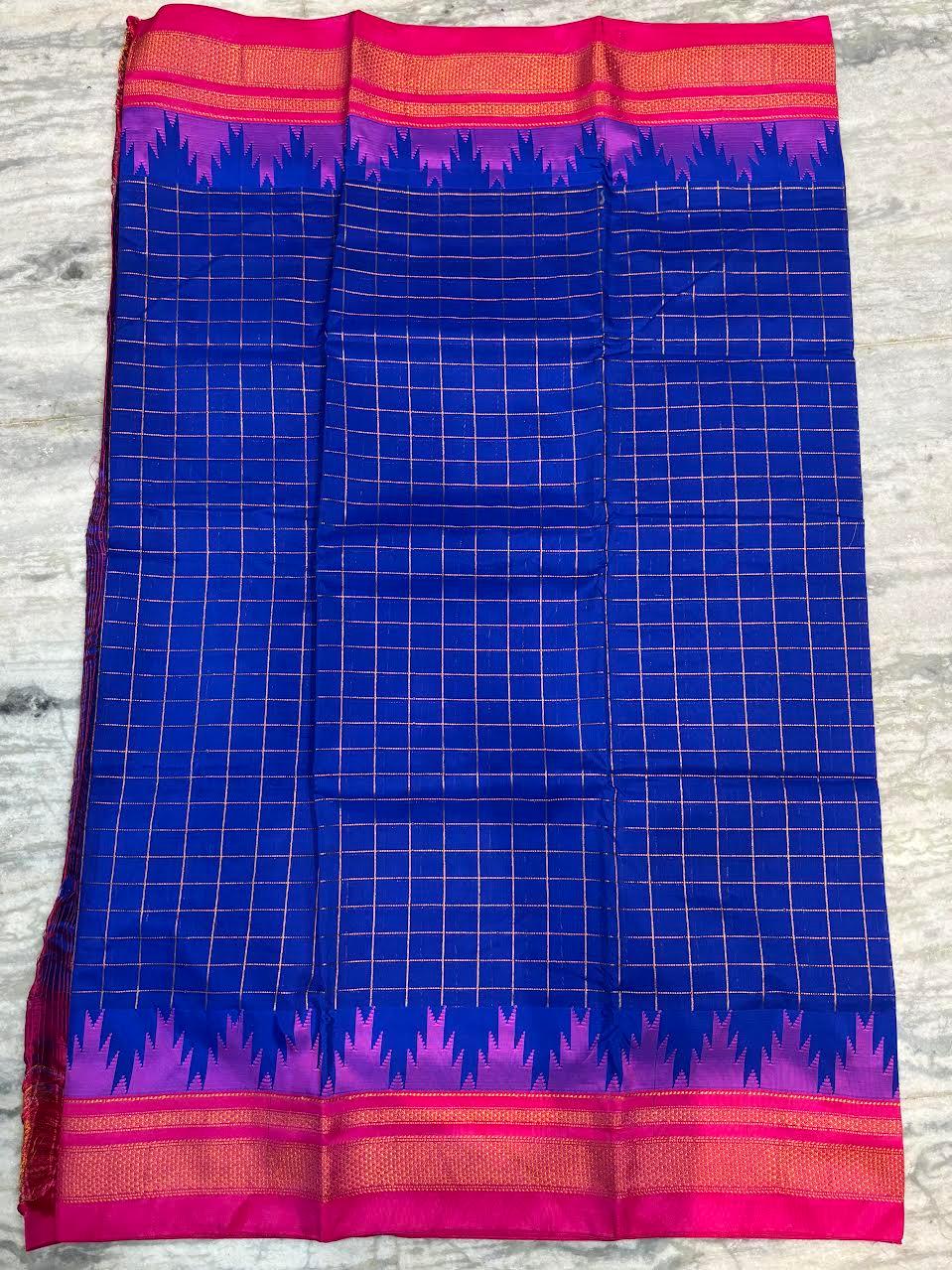 Pure Gadwal Silk Saree - Royal Blue with Gold Zari Windowpane Checks & Contrast Magenta Temple Border | Traditional Handloom Wedding Saree with Blouse Piece - pochampallysarees.com
