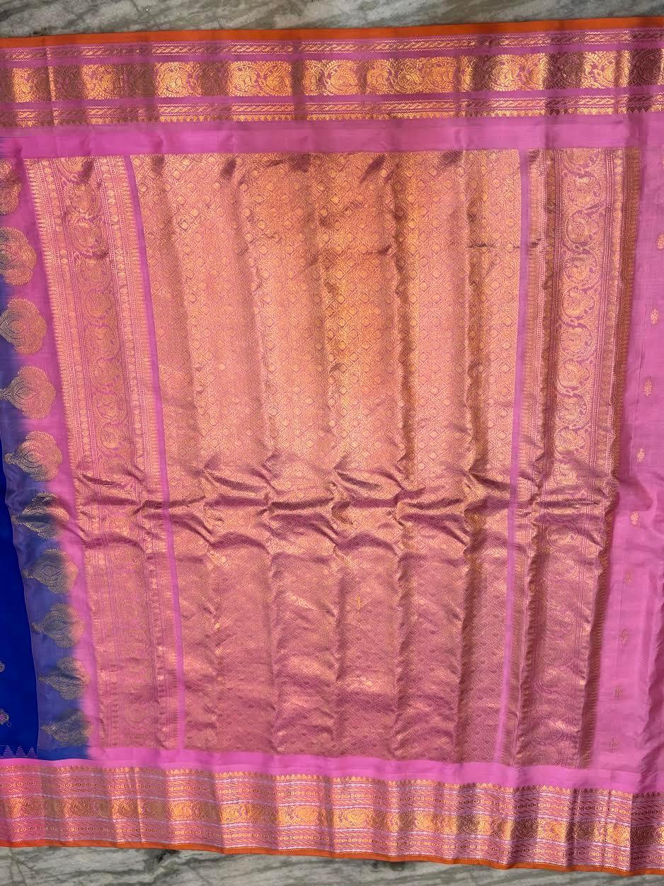 Royal Blue & Pink Pure Gadwal Silk Saree with Rich Gold Zari Pallu | Traditional Handloom Pattu Saree for Weddings & Festivals - pochampallysarees.com